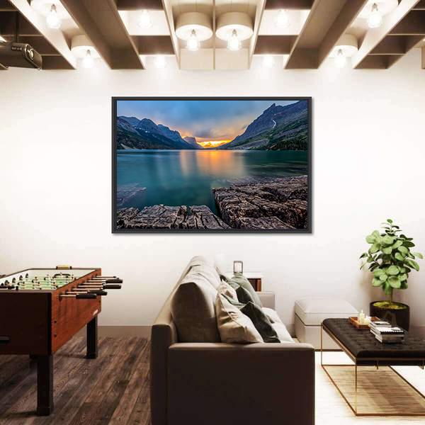 Sunset At St Mary Lake Canvas Wall Art-3 Horizontal-Gallery Wrap-25" x 16"-Tiaracle