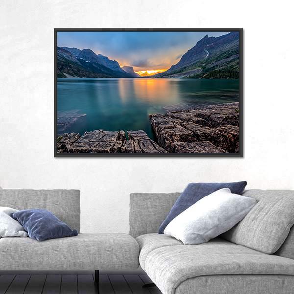 Sunset At St Mary Lake Canvas Wall Art-3 Horizontal-Gallery Wrap-25" x 16"-Tiaracle