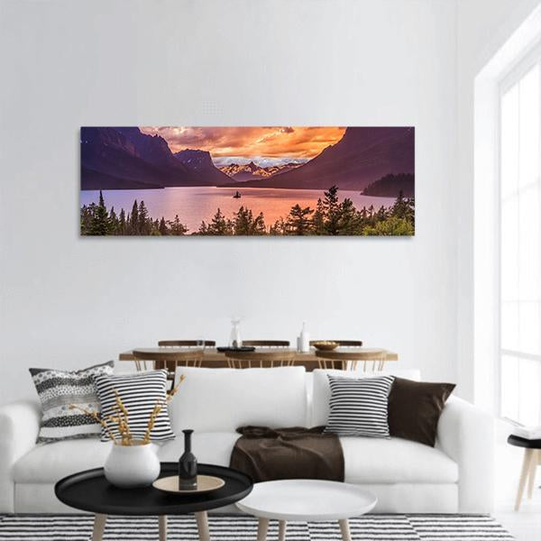 Sunset At St Mary Lake In Montana Panoramic Canvas Wall Art-1 Piece-36" x 12"-Tiaracle