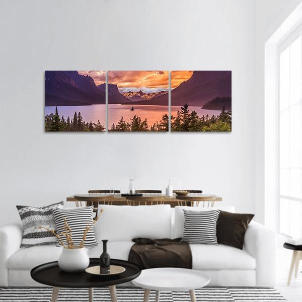 Sunset At St Mary Lake In Montana Panoramic Canvas Wall Art-3 Piece-25" x 08"-Tiaracle