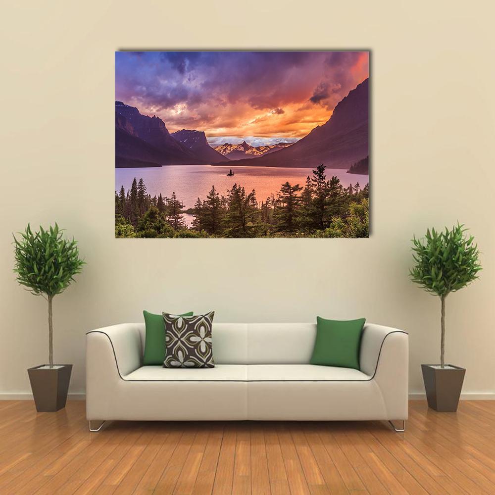 Sunset At St Mary Lake Canvas Wall Art-1 Piece-Gallery Wrap-48" x 32"-Tiaracle