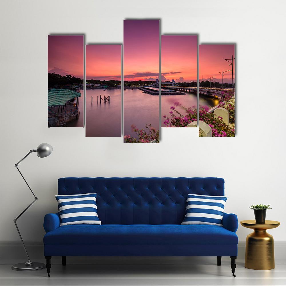 Sunset At Suroboyo Bridge Canvas Wall Art-5 Pop-Gallery Wrap-47" x 32"-Tiaracle
