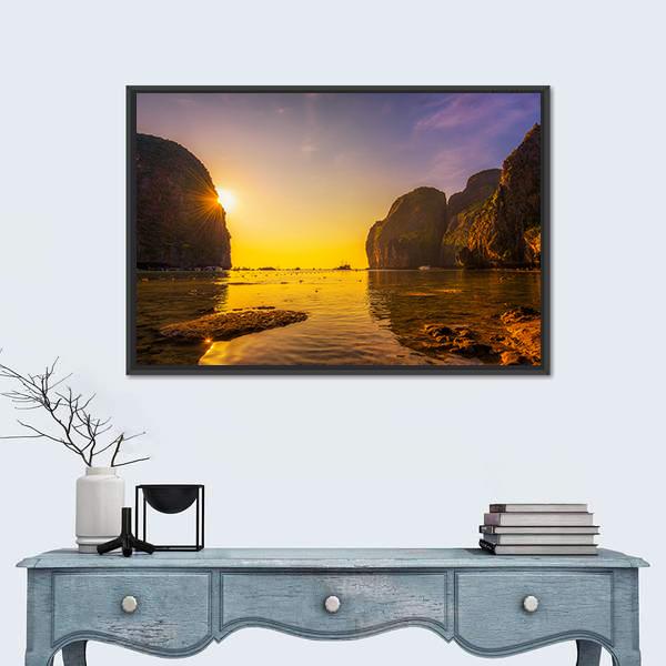 Sunset At The Maya Beach Canvas Wall Art-1 Piece-Floating Frame-24" x 16"-Tiaracle