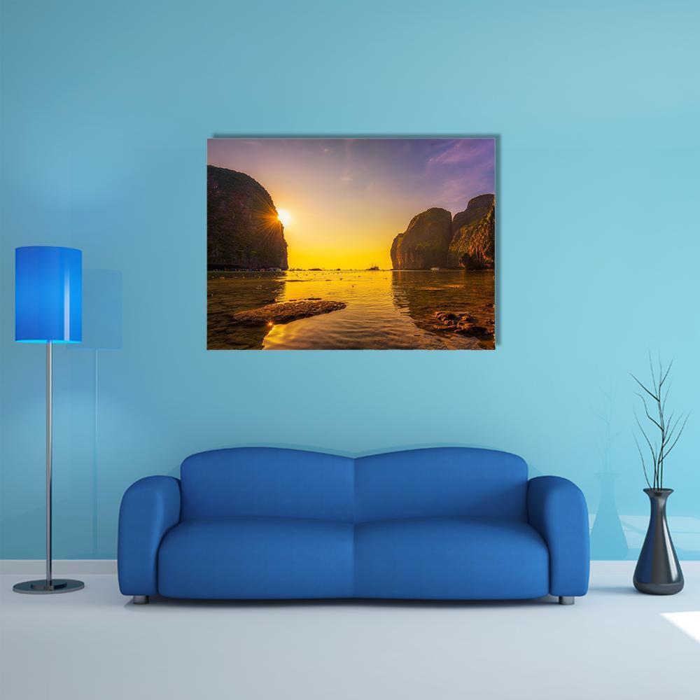 Sunset At The Maya Beach Canvas Wall Art-1 Piece-Gallery Wrap-48" x 32"-Tiaracle
