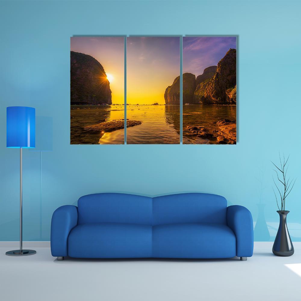 Sunset At The Maya Beach Canvas Wall Art-3 Horizontal-Gallery Wrap-37" x 24"-Tiaracle