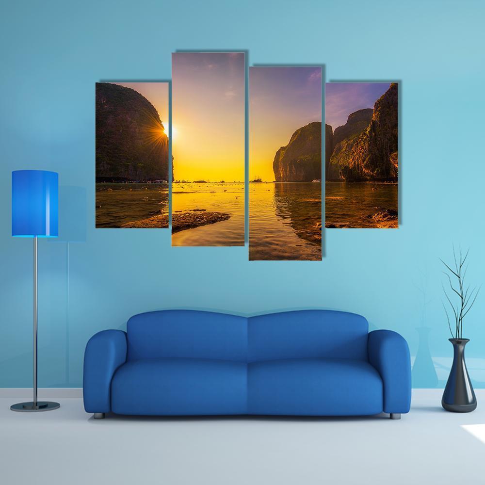 Sunset At The Maya Beach Canvas Wall Art-4 Pop-Gallery Wrap-50" x 32"-Tiaracle
