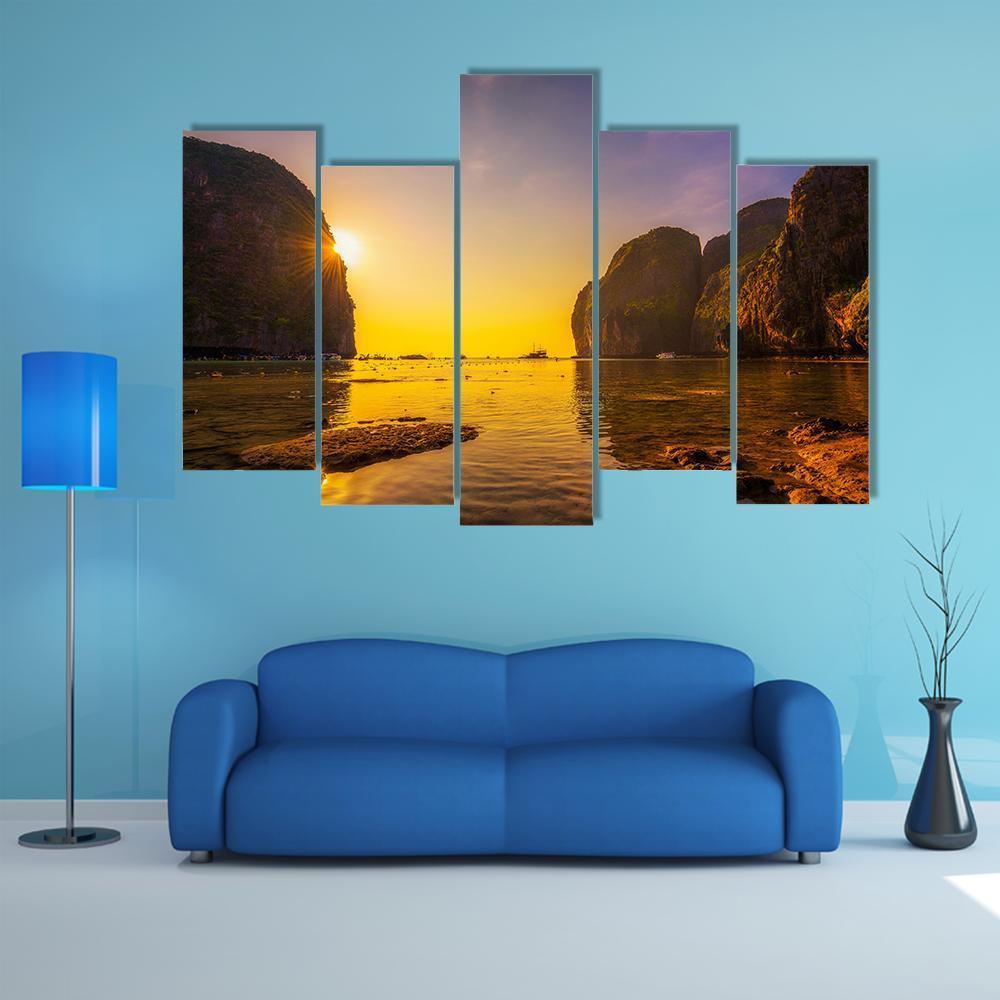 Sunset At The Maya Beach Canvas Wall Art-5 Pop-Gallery Wrap-47" x 32"-Tiaracle