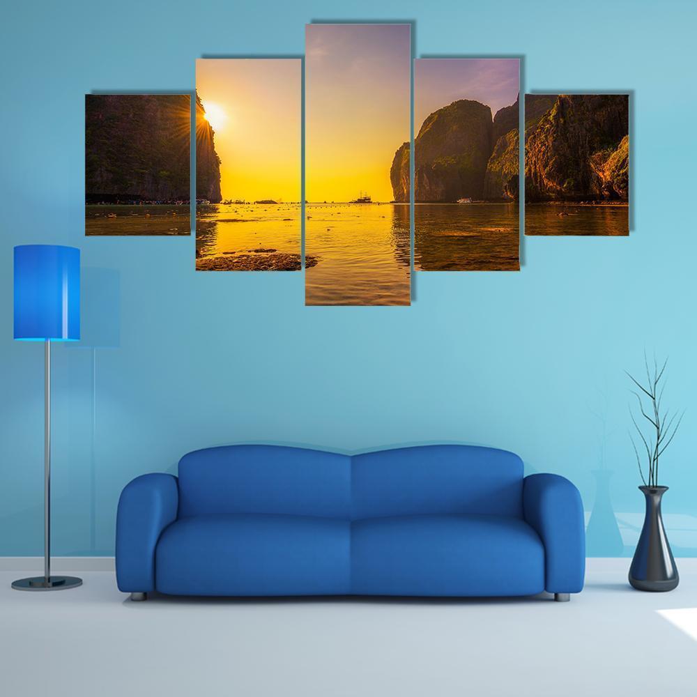 Sunset At The Maya Beach Canvas Wall Art-5 Star-Gallery Wrap-62" x 32"-Tiaracle