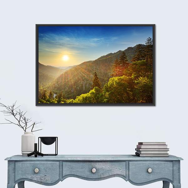 Sunset at Newfound Gap, Great Smoky Mountains Canvas Wall Art in yellow, green and blue, framed canvas, product view on a white background