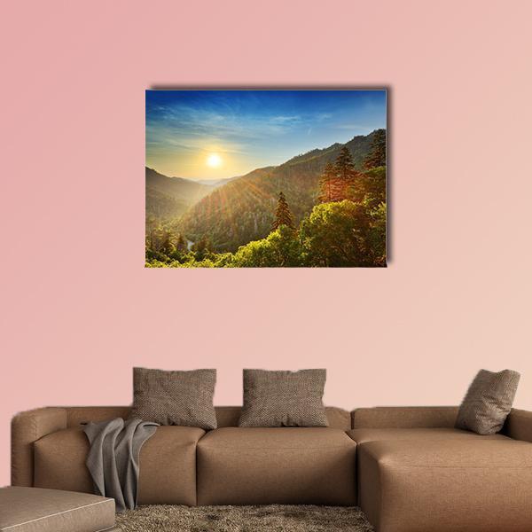Sunset at Newfound Gap, Great Smoky Mountains Canvas Wall Art in yellow, green and blue, single panel hung on a wall