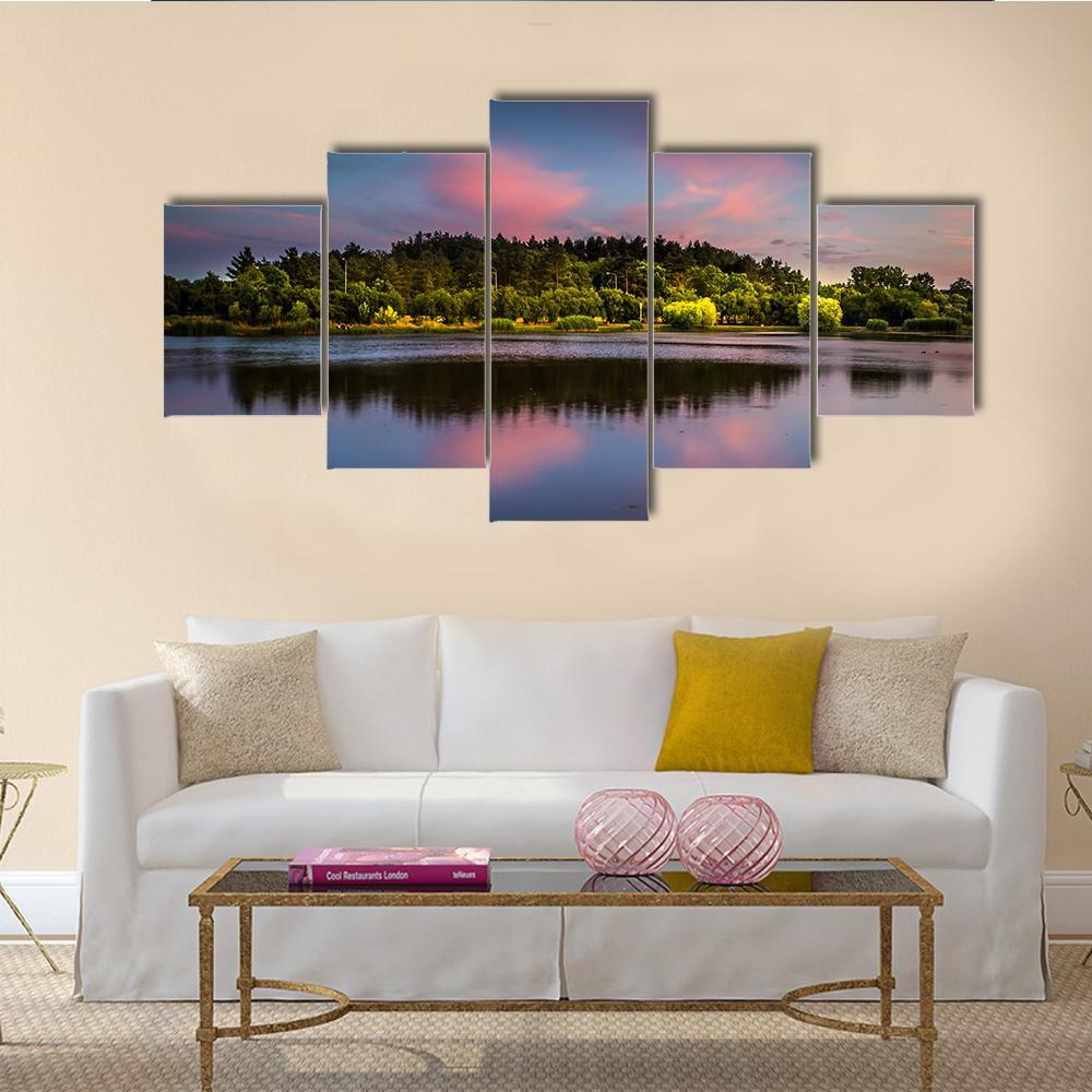 Sunset At The Pond Canvas Wall Art-5 Star-Gallery Wrap-62" x 32"-Tiaracle