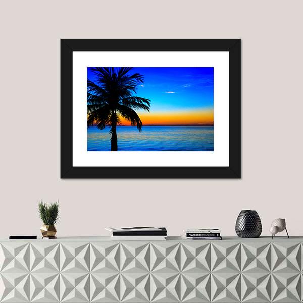 Sunset At The Sea With Palm Tree Canvas Wall Art-1 Piece-Framed Print-20" x 16"-Tiaracle