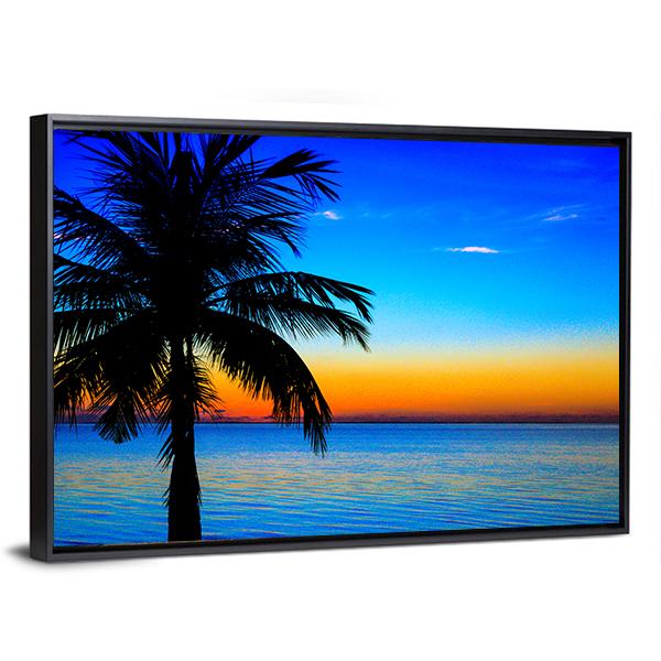 Sunset At The Sea With Palm Tree Canvas Wall Art-3 Horizontal-Gallery Wrap-25" x 16"-Tiaracle