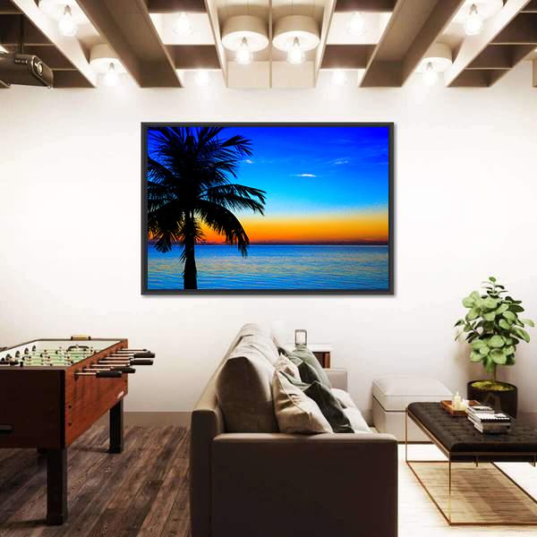 Sunset At The Sea With Palm Tree Canvas Wall Art-3 Horizontal-Gallery Wrap-25" x 16"-Tiaracle