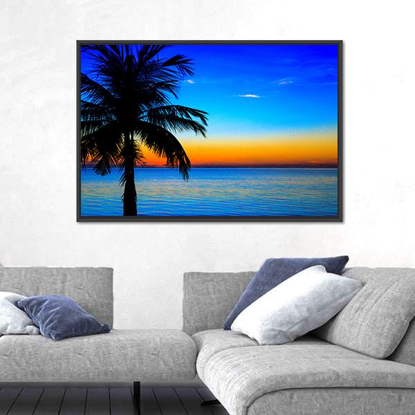 Sunset At The Sea With Palm Tree Canvas Wall Art-3 Horizontal-Gallery Wrap-25" x 16"-Tiaracle