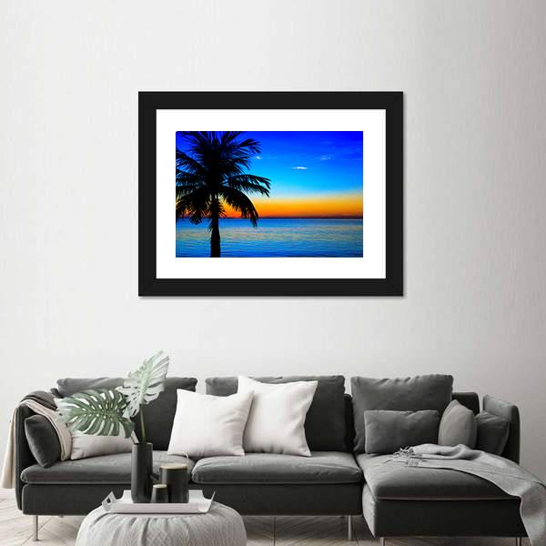 Sunset At The Sea With Palm Tree Canvas Wall Art-3 Horizontal-Gallery Wrap-25" x 16"-Tiaracle