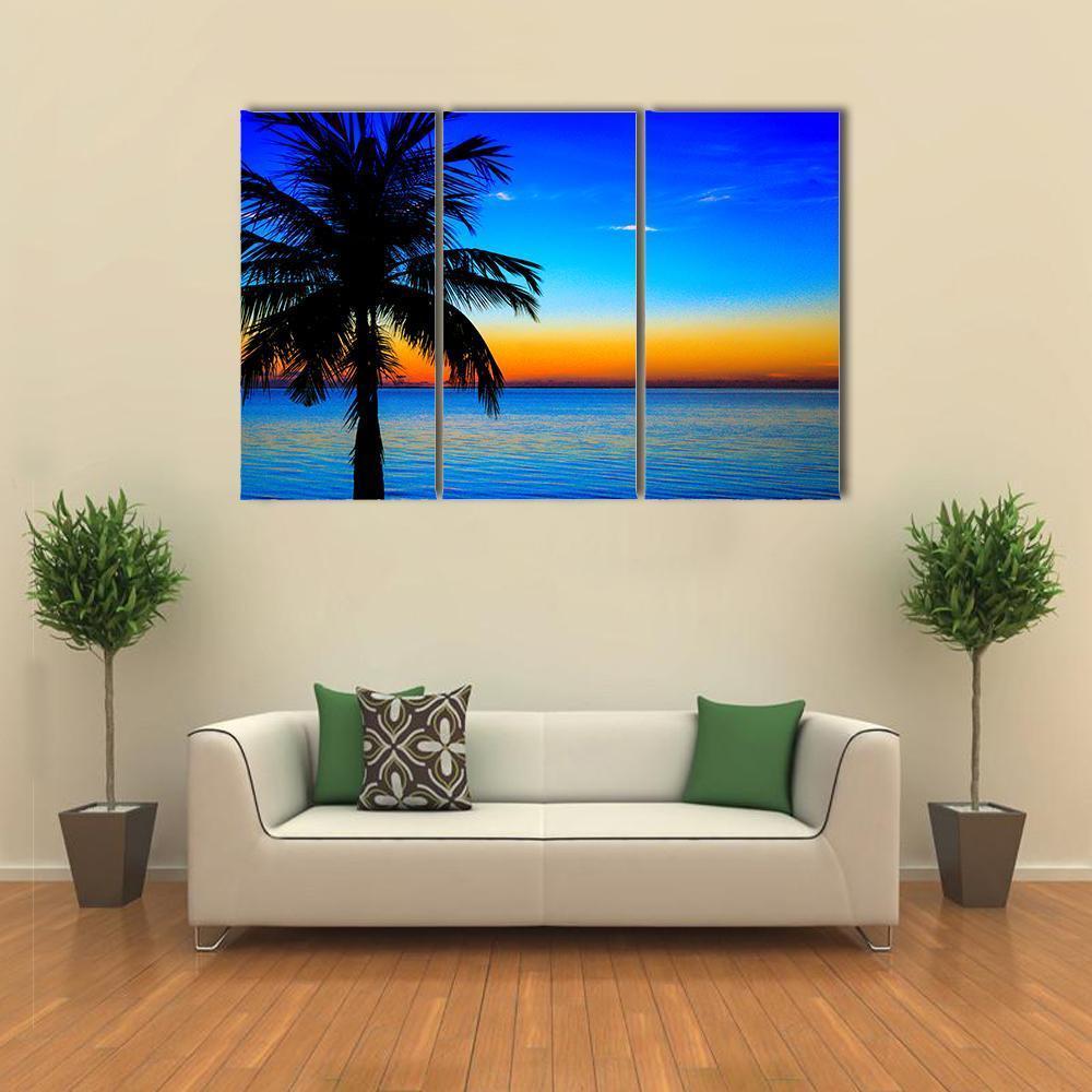 Sunset At The Sea With Palm Tree Canvas Wall Art-3 Horizontal-Gallery Wrap-37" x 24"-Tiaracle