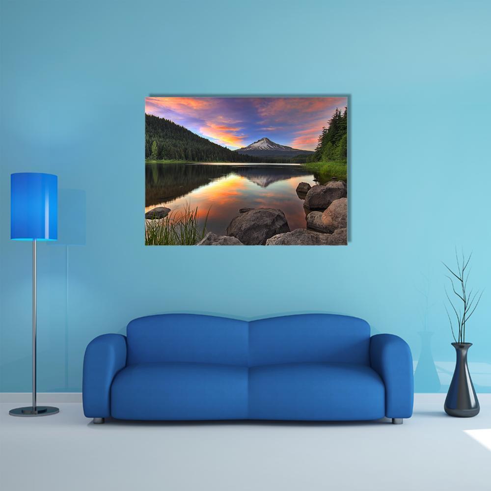 Sunset Over Trillium Lake Canvas Wall Art in orange, blue and pink, single panel hung on a wall