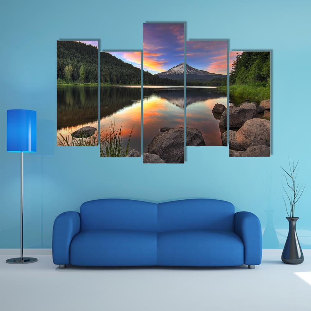 Sunset At Trillium Lake Canvas Wall Art-5 Pop-Gallery Wrap-47" x 32"-Tiaracle