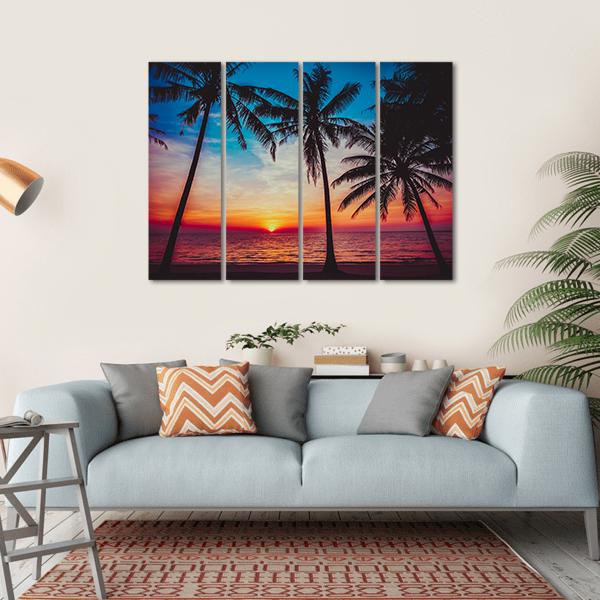 Sunset At Tropical Beach Canvas Wall Art-4 Horizontal-Gallery Wrap-34" x 24"-Tiaracle