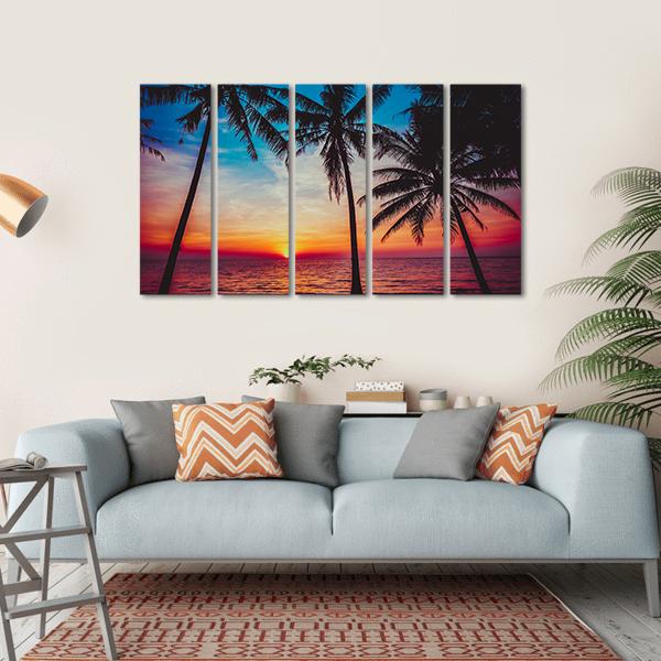 Sunset At Tropical Beach Canvas Wall Art-5 Horizontal-Gallery Wrap-22" x 12"-Tiaracle