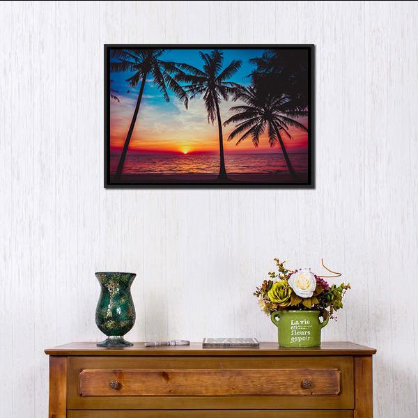 Sunset At Tropical Beach Canvas Wall Art-3 Horizontal-Gallery Wrap-25&quot; x 16&quot;-Tiaracle