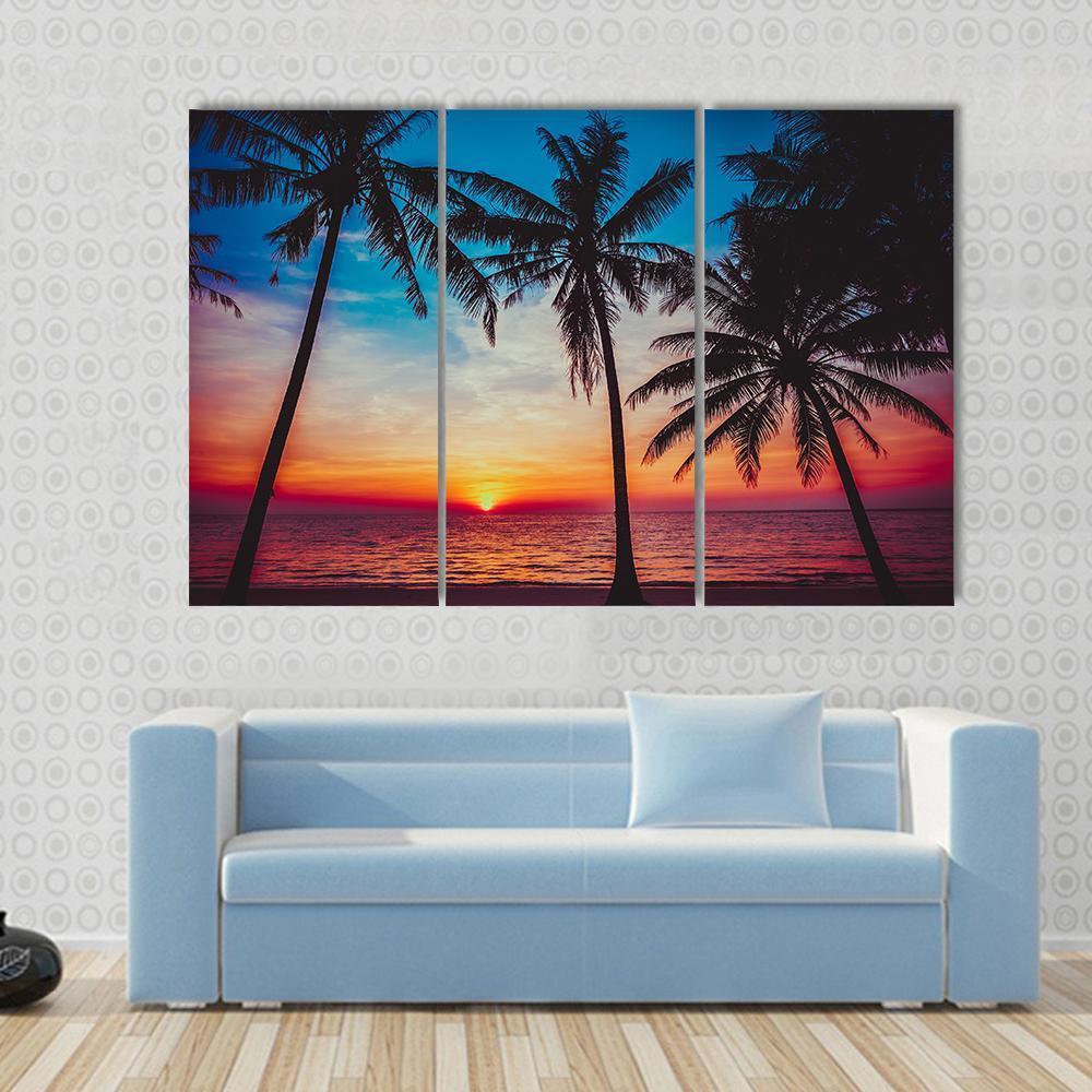 Sunset At Tropical Beach Canvas Wall Art-3 Horizontal-Gallery Wrap-37&quot; x 24&quot;-Tiaracle