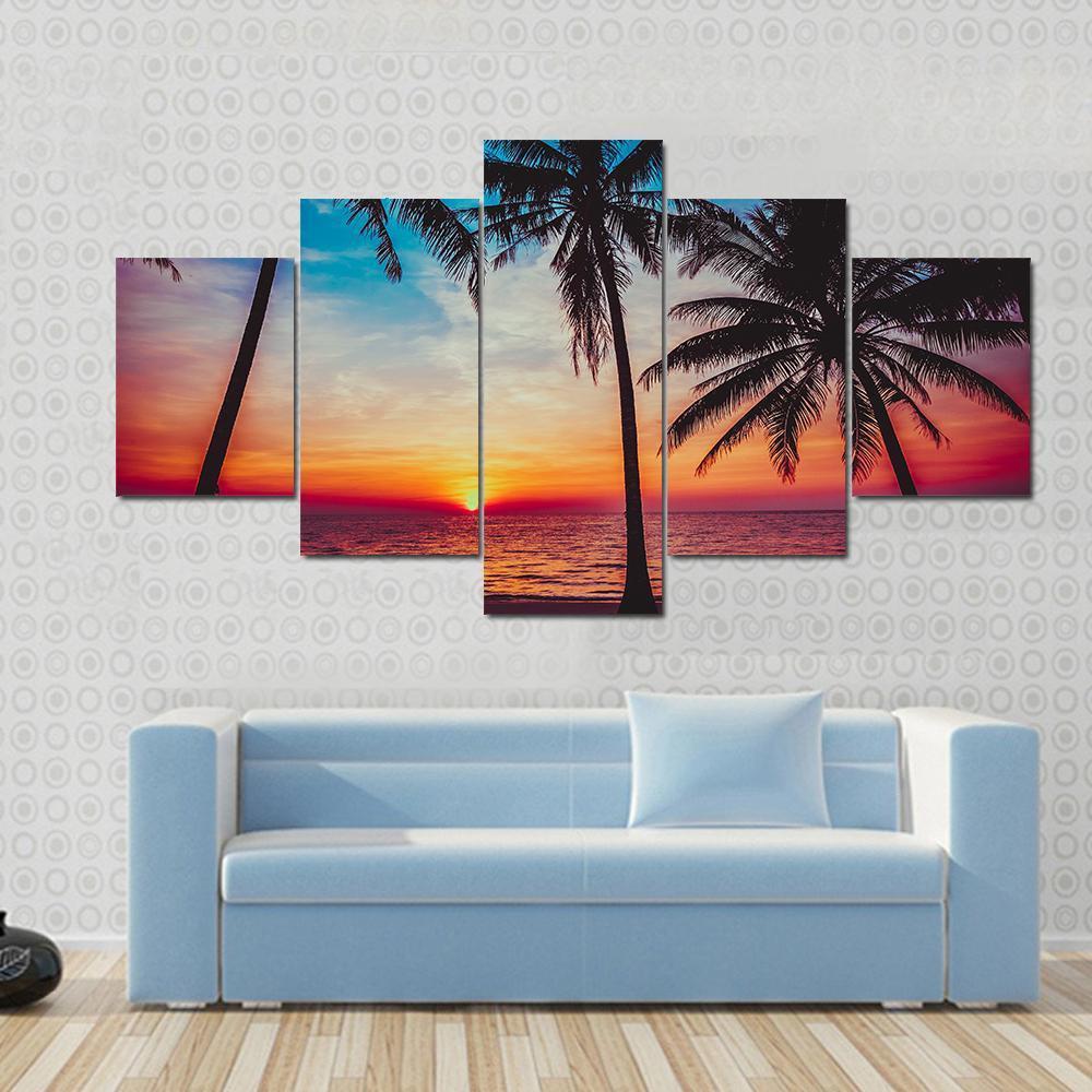 Sunset At Tropical Beach Canvas Wall Art-5 Star-Gallery Wrap-62&quot; x 32&quot;-Tiaracle