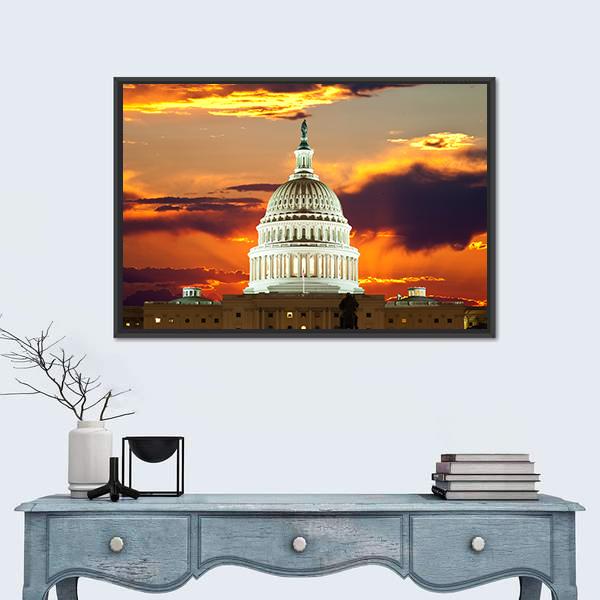 Sunset At United States Capitol Building Canvas Wall Art-1 Piece-Floating Frame-36" x 24"-Tiaracle