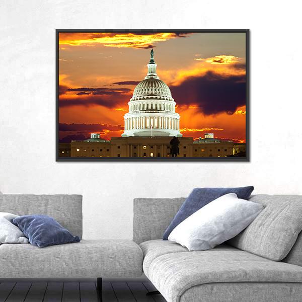 Sunset At United States Capitol Building Canvas Wall Art-5 Horizontal-Gallery Wrap-22" x 12"-Tiaracle