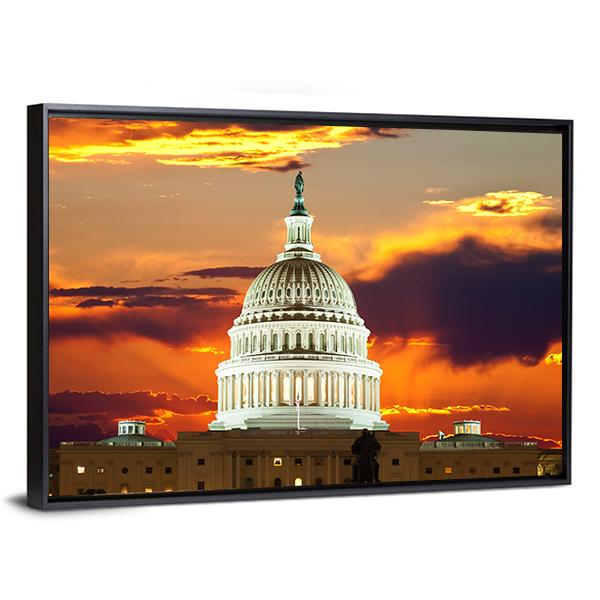 Sunset At United States Capitol Building in Washington DC Canvas Wall Art-3 Horizontal-Gallery Wrap-25" x 16"-Tiaracle