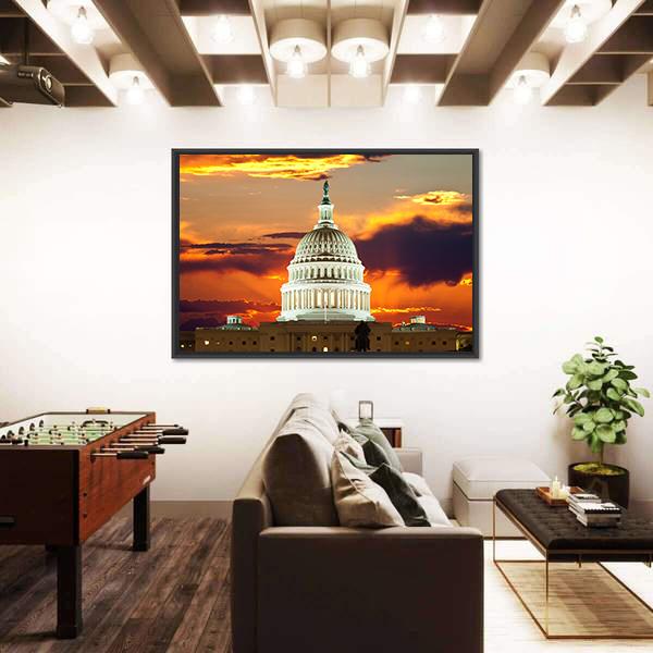 Sunset At United States Capitol Building in Washington DC Canvas Wall Art-3 Horizontal-Gallery Wrap-25" x 16"-Tiaracle