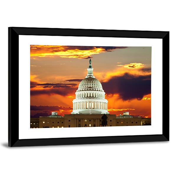 Sunset At United States Capitol Building in Washington DC Canvas Wall Art-3 Horizontal-Gallery Wrap-25" x 16"-Tiaracle