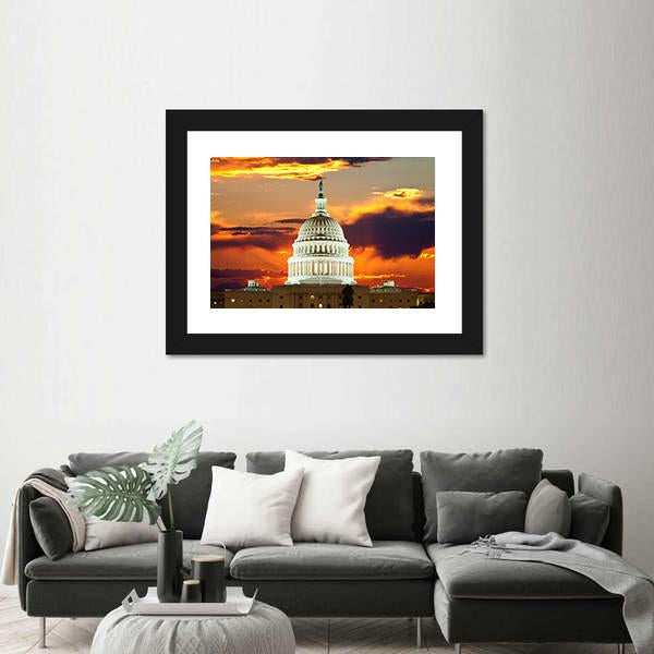 Sunset At United States Capitol Building in Washington DC Canvas Wall Art-3 Horizontal-Gallery Wrap-25" x 16"-Tiaracle