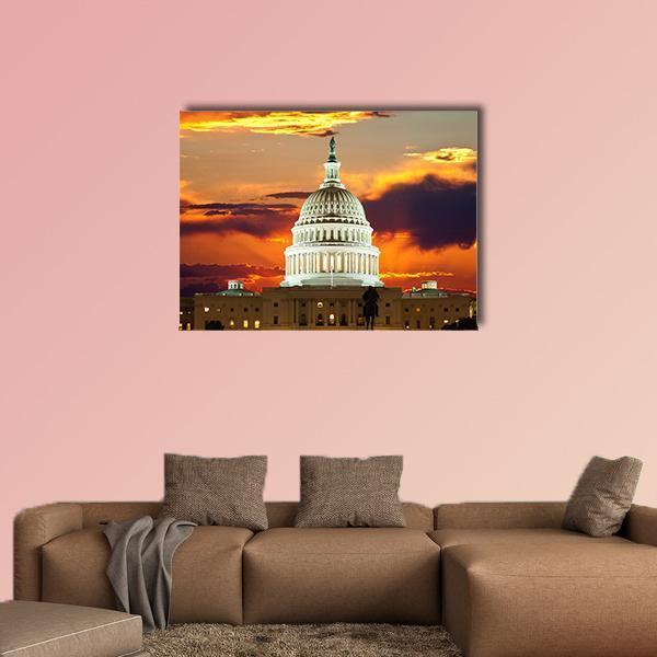 United States Capitol at Sunset Washington Dc Canvas Wall Art in white, orange and yellow, single panel hung on a wall