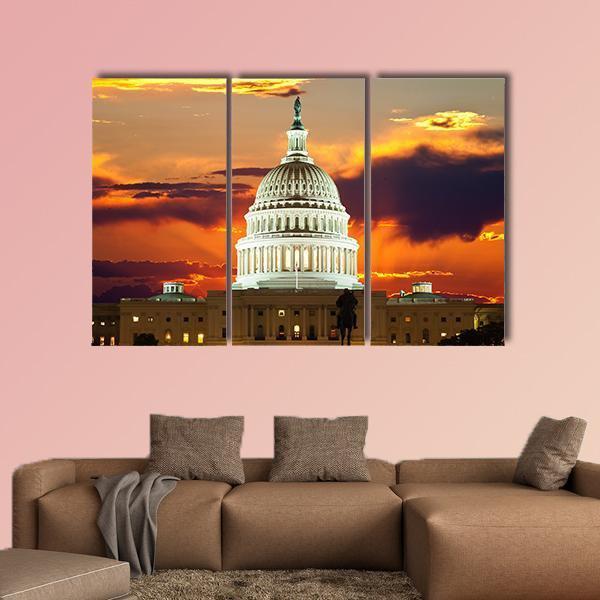 Sunset At United States Capitol Building in Washington DC Canvas Wall Art-3 Horizontal-Gallery Wrap-37" x 24"-Tiaracle