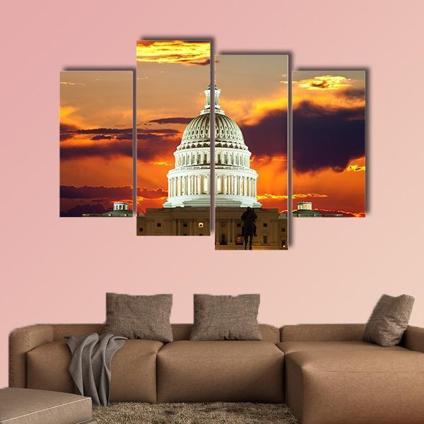 Sunset At United States Capitol Building in Washington DC Canvas Wall Art-4 Pop-Gallery Wrap-50" x 32"-Tiaracle