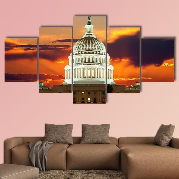 Sunset At United States Capitol Building in Washington DC Canvas Wall Art-5 Star-Gallery Wrap-62" x 32"-Tiaracle