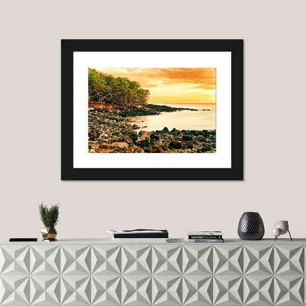 Sunset At Volcanic Stones Beach In Hawaii Canvas Wall Art-1 Piece-Framed Print-20" x 16"-Tiaracle