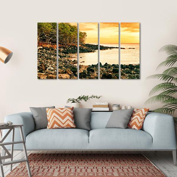 Sunset At Volcanic Stones Beach In Hawaii Canvas Wall Art-5 Horizontal-Gallery Wrap-22" x 12"-Tiaracle