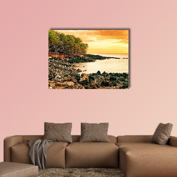 Sunset At Volcanic Stones Beach In Hawaii Canvas Wall Art-1 Piece-Gallery Wrap-48" x 32"-Tiaracle