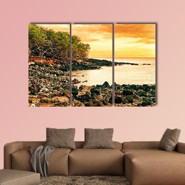 Sunset At Volcanic Stones Beach In Hawaii Canvas Wall Art-3 Horizontal-Gallery Wrap-37" x 24"-Tiaracle