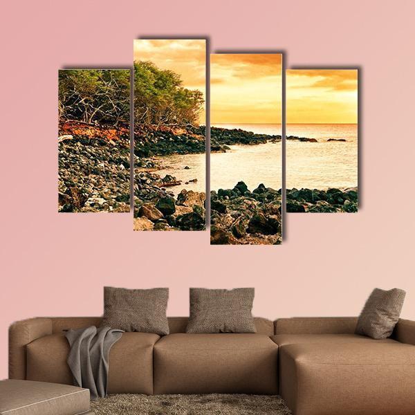 Sunset At Volcanic Stones Beach In Hawaii Canvas Wall Art-4 Pop-Gallery Wrap-50" x 32"-Tiaracle
