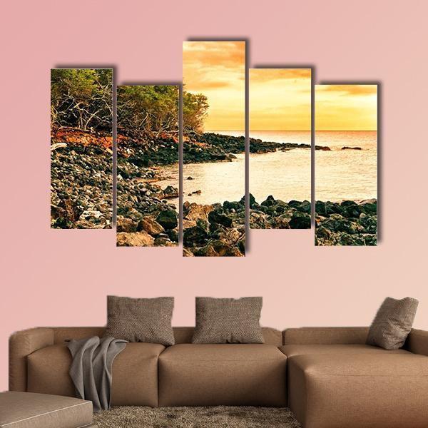 Sunset At Volcanic Stones Beach In Hawaii Canvas Wall Art-5 Pop-Gallery Wrap-47" x 32"-Tiaracle