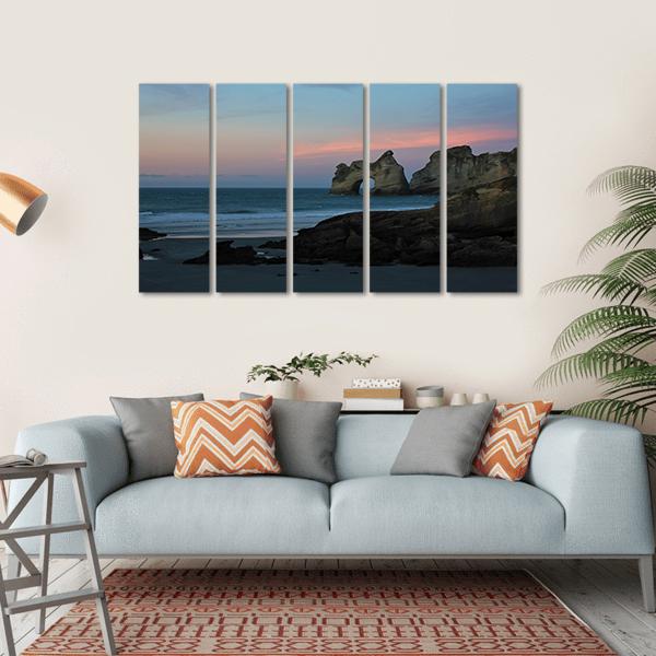 Sunset At Wharariki Beach New Zealand Canvas Wall Art-5 Horizontal-Gallery Wrap-22" x 12"-Tiaracle