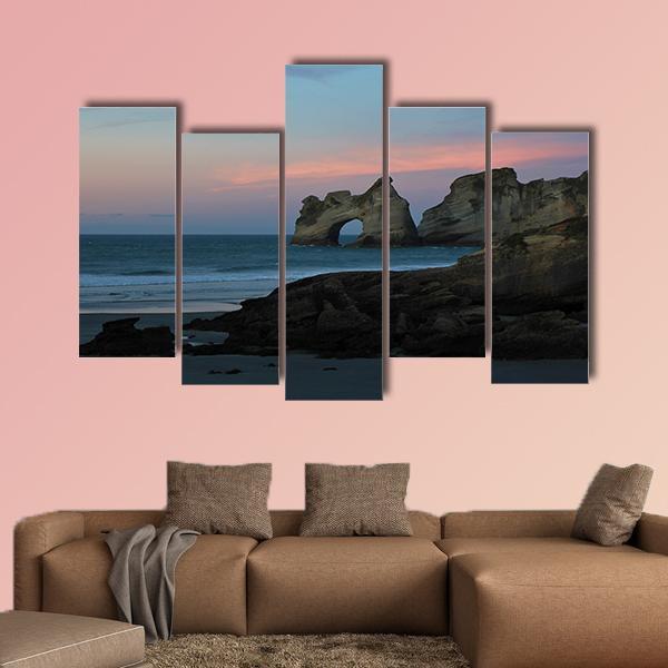 Sunset At Wharariki Beach New Zealand Canvas Wall Art-5 Pop-Gallery Wrap-47" x 32"-Tiaracle