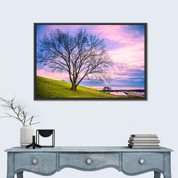 Sunset Behind Leafless Winter Tree Canvas Wall Art-1 Piece-Floating Frame-24" x 16"-Tiaracle