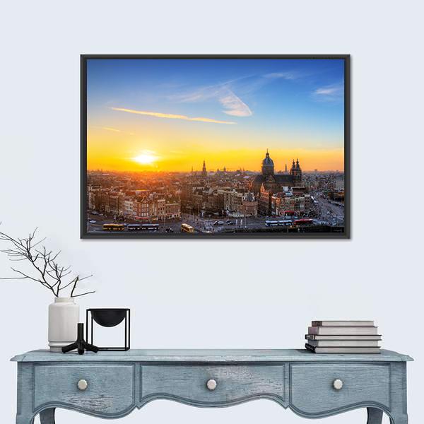 Sunset Cityscape In Skyline Of Amsterdam Canvas Wall Art-1 Piece-Floating Frame-24" x 16"-Tiaracle