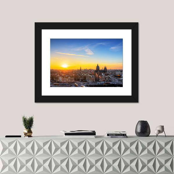 Sunset Cityscape In Skyline Of Amsterdam Canvas Wall Art-1 Piece-Framed Print-20" x 16"-Tiaracle