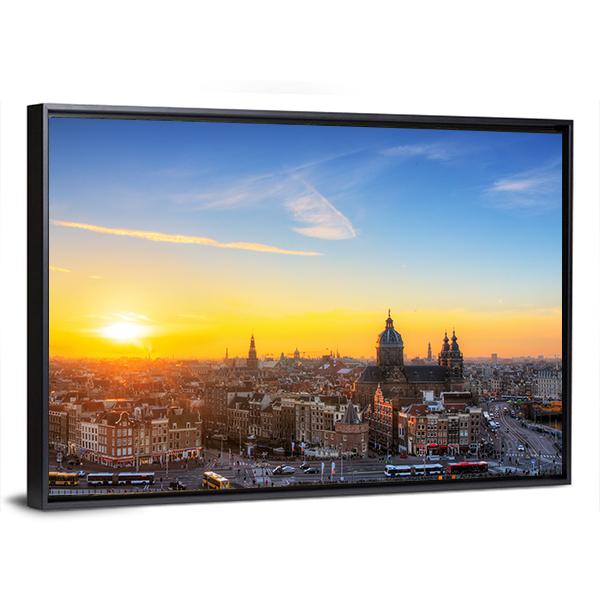 Sunset Cityscape In Skyline Of Amsterdam Canvas Wall Art-3 Horizontal-Gallery Wrap-25" x 16"-Tiaracle